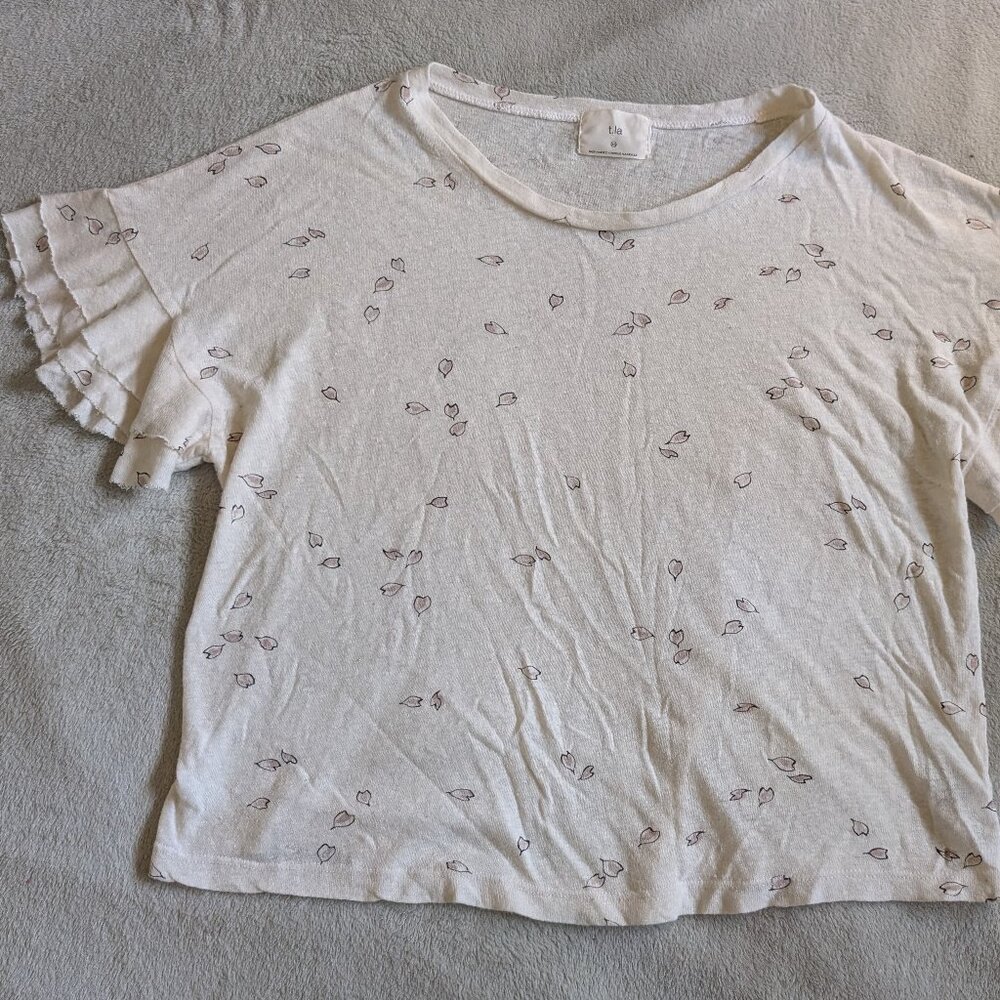 WOMEN'S T.LA T SHIRT XS Extra Small Tee White Ruffle Sleeves Pink Leaves Pattern